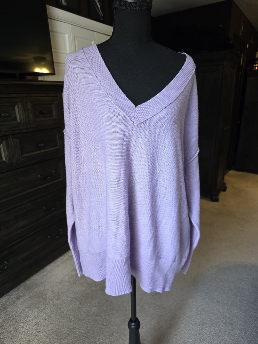 SO Lavender Oversized V-Neck Sweater Large Pastel Off Shoulder Casual Cozy